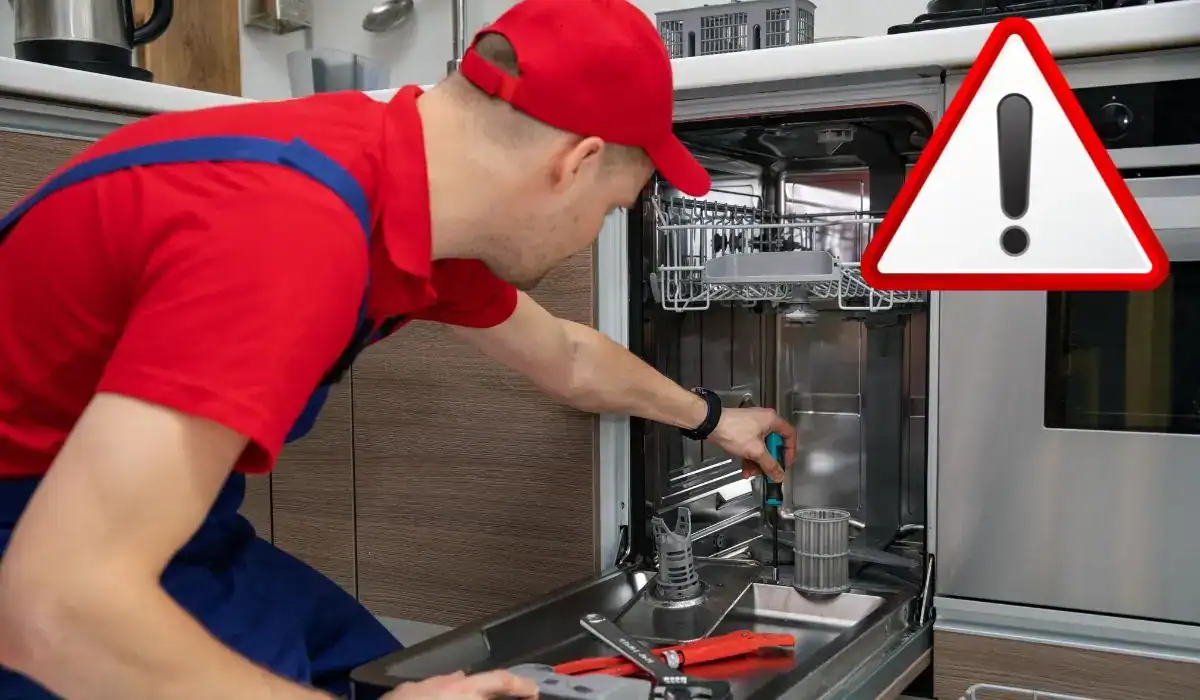 Technician fixing dishwasher with caution symbol, highlighting risks of scam in appliance repair situations.