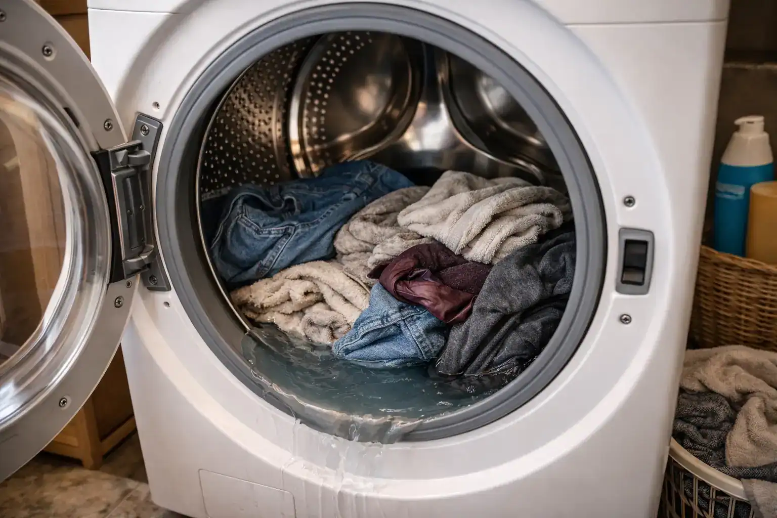Front-load washing machine with soaked clothes and standing water in the drum showing laundry failures caused by drainage problems.