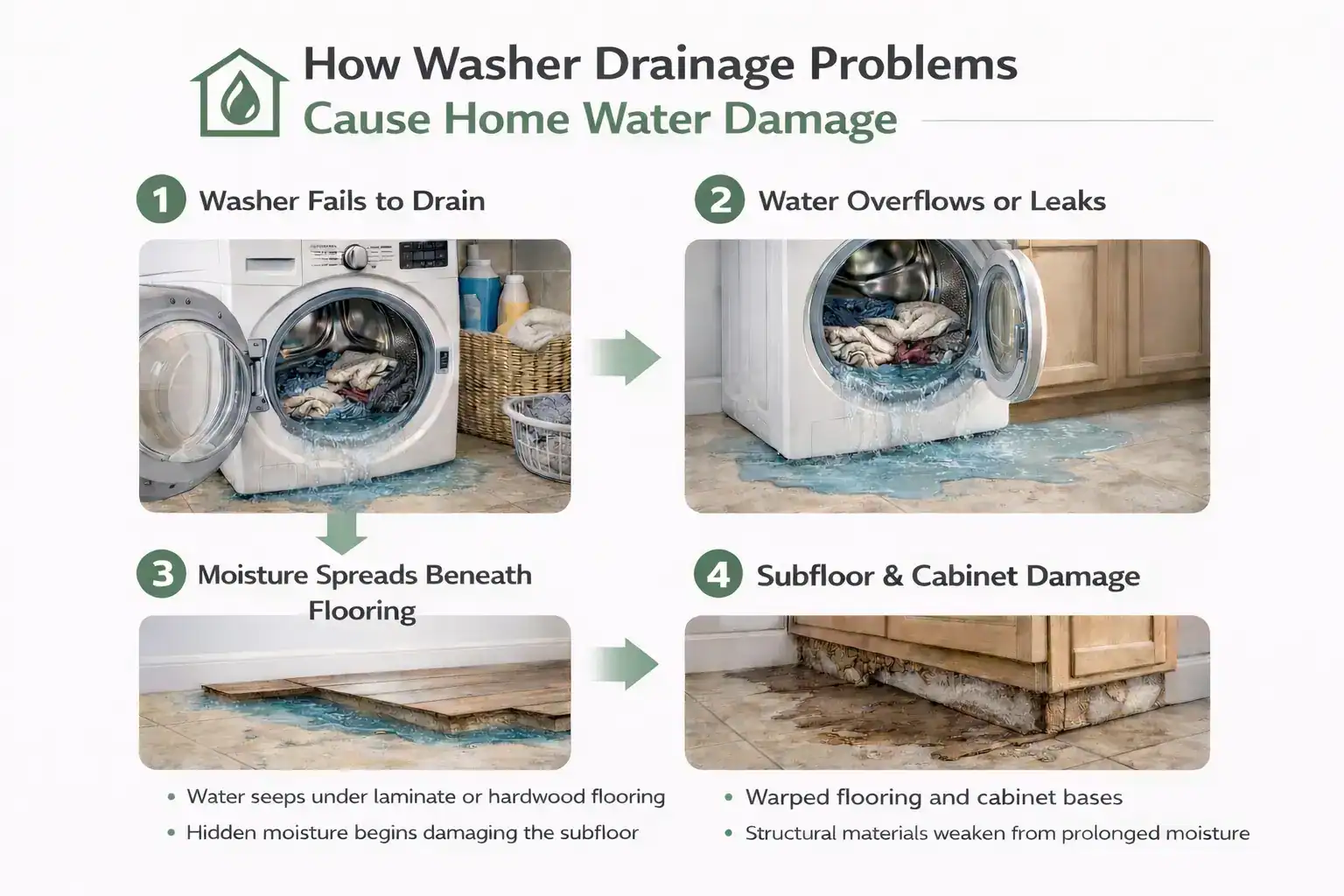 Diagram showing laundry failures progression from washer not draining to water overflow and subfloor cabinet water damage.