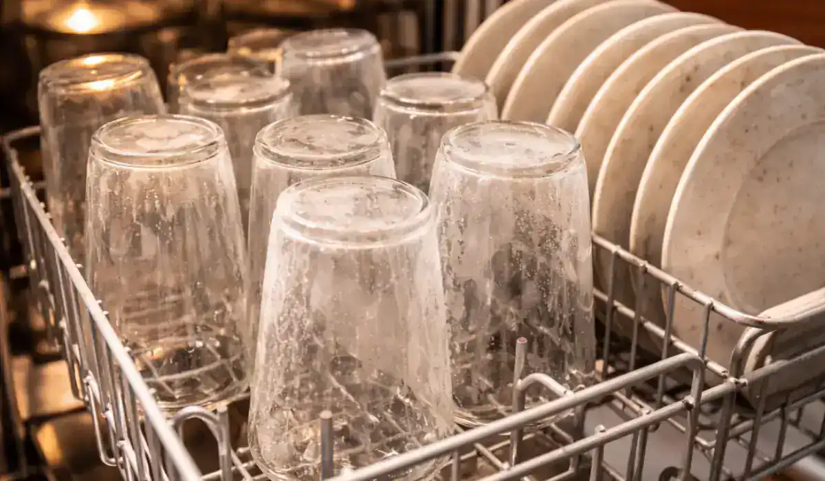 Dishwasher leaving spots on glassware and dishes showing residue buildup after cycle indicating poor cleaning performance.