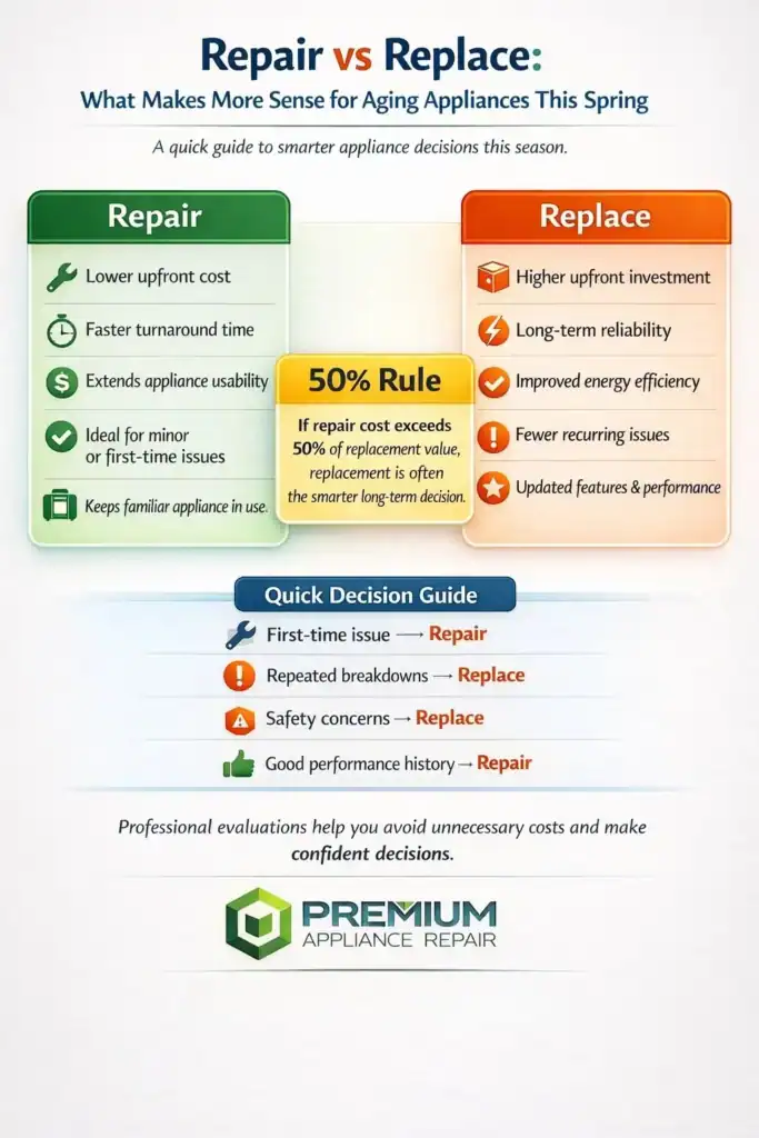 Infographic comparing repair vs replace decisions for aging appliances this spring with cost and efficiency insights.