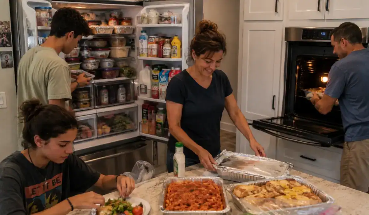 Appliance Failures risks during family gathering with overloaded refrigerator and active oven.