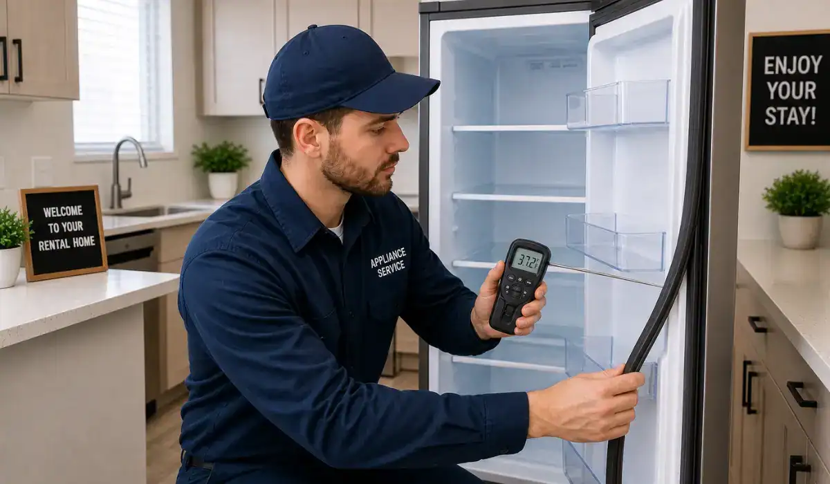 Appliance inspection before move-out showing technician checking refrigerator temperature and door seal in rental kitchen.