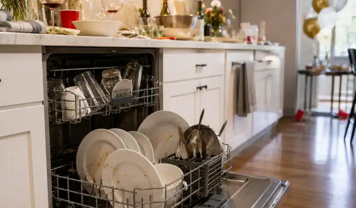Dishwasher Not Cleaning after heavy kitchen use with dirty dishes and cloudy glasses after hosting.