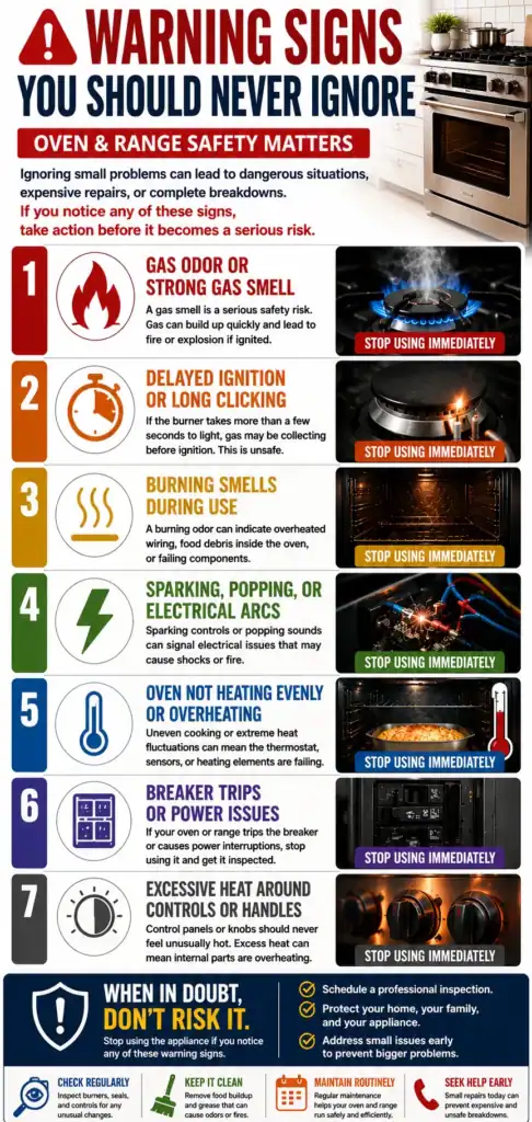 Vertical infographic about common Oven & Range Issues, including gas odors, delayed ignition, uneven heating, breaker trips, burning smells, and overheating controls during heavy cooking use.