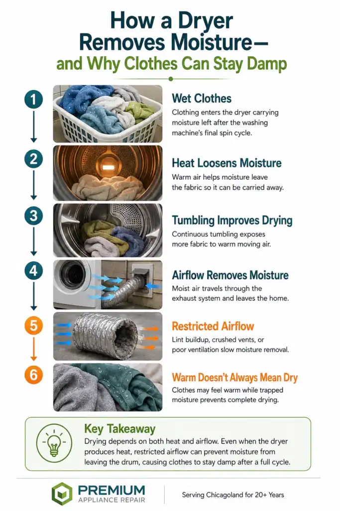 Infographic explaining dryer overuse in summer, showing how heat, tumbling, and airflow remove moisture from clothes and how restricted exhaust airflow can leave clothes warm but still damp after a drying cycle.