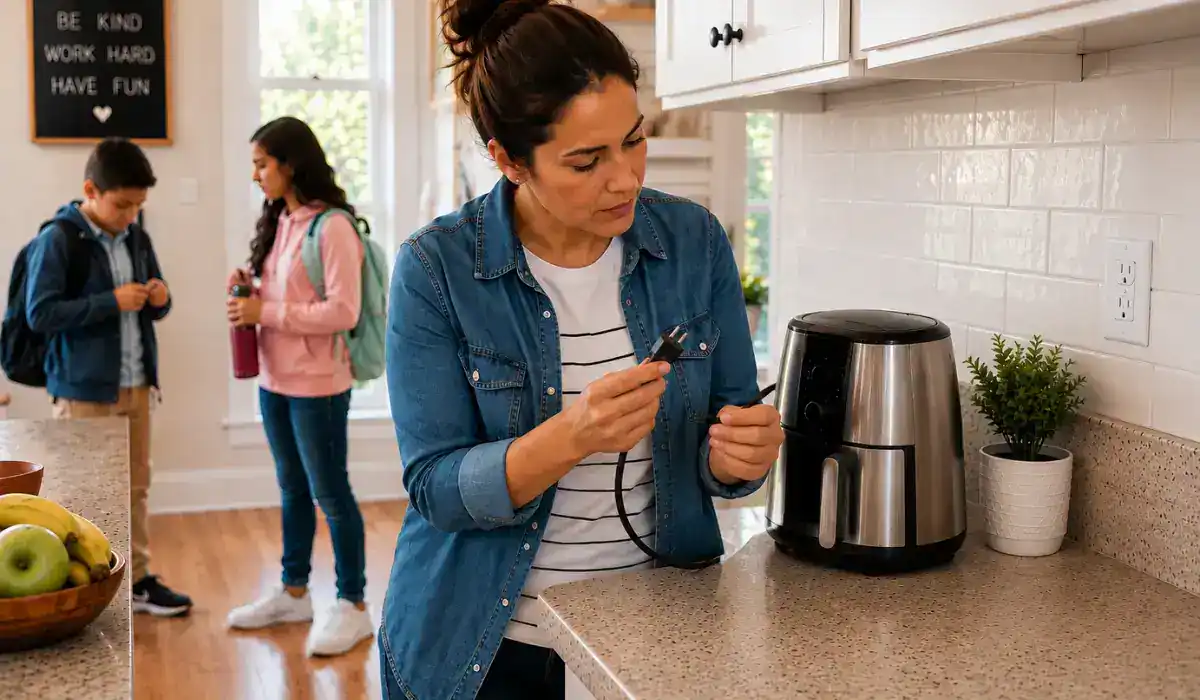 Parent performing appliance safety checks on an unplugged kitchen appliance cord before school