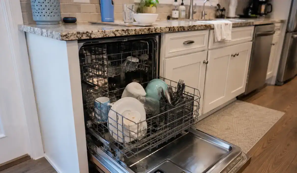 Loaded dishwasher showing dishwasher issues that can slow family kitchen cleanup during busy school night routines.