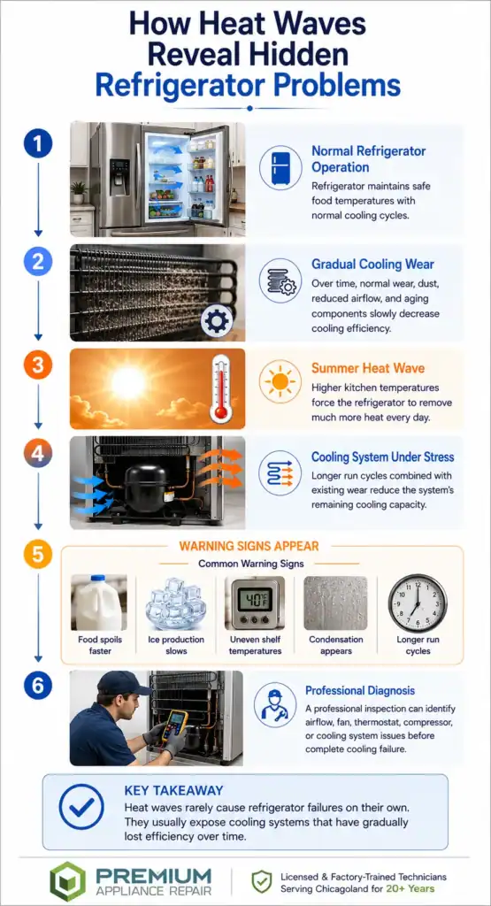 Infographic showing why refrigerators fail during heat waves, illustrating how gradual cooling wear, higher temperatures, and longer run times reveal warning signs before complete cooling failure.